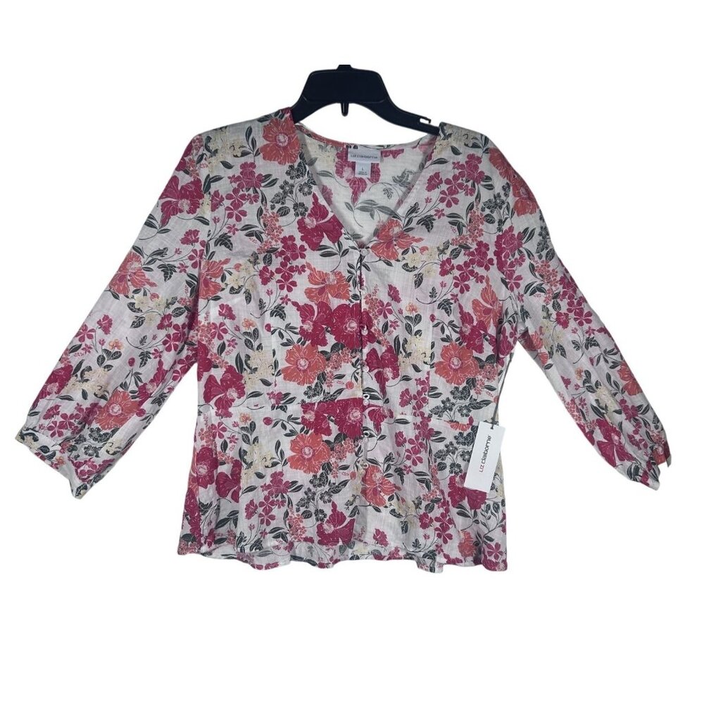 Liz Claiborne Blouse Peplum Floral Womens Large Pink Cotton Rayon V-Neck NWT
